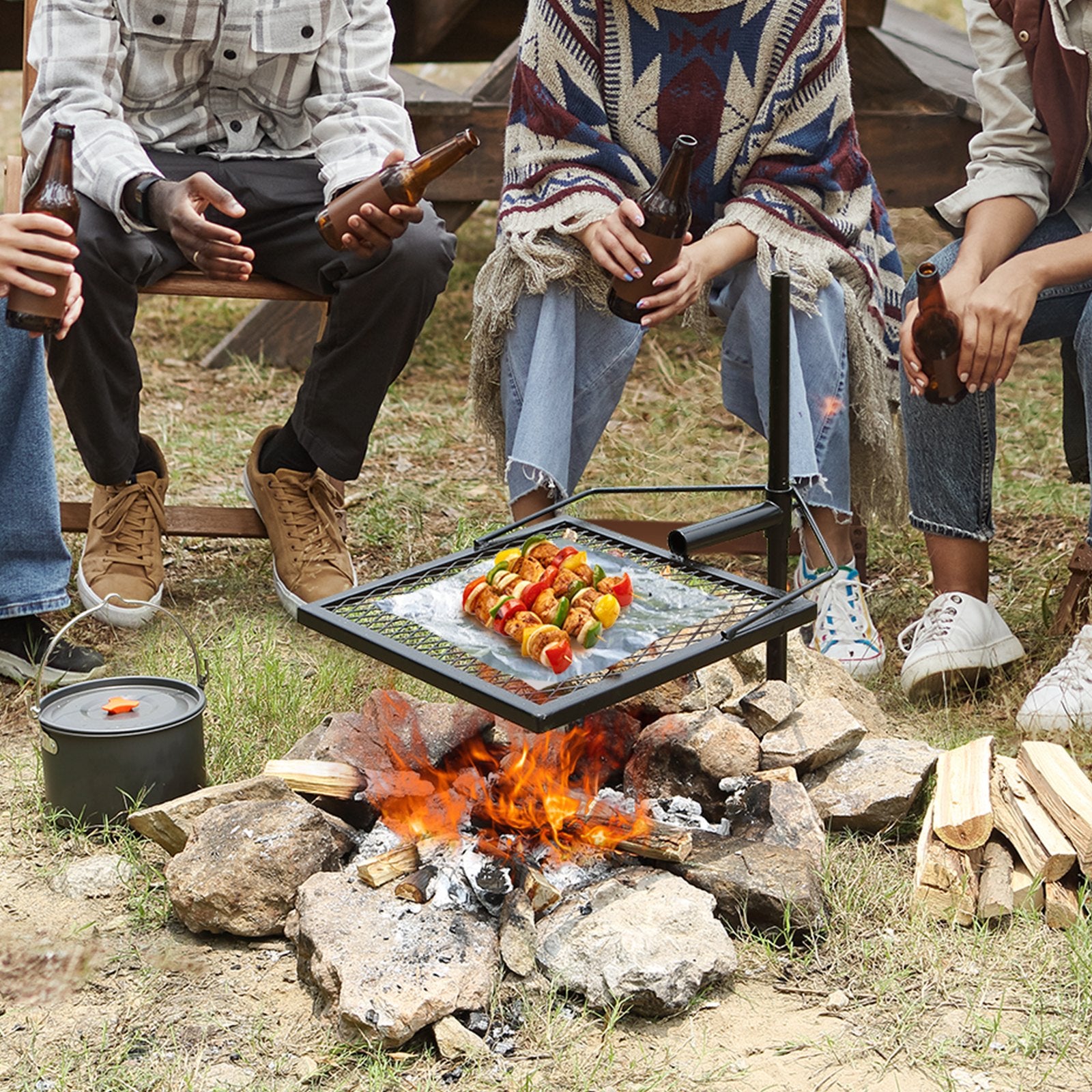 Swivel Campfire Grill, Fire Pit Grill Grate Over Fire Pits, Heavy Duty Steel Grill Grates, 360Adjustable Open Fire Outdoor Cooking Equipment, Portable Camp Fire Racks For Camping Outdoor BBQ