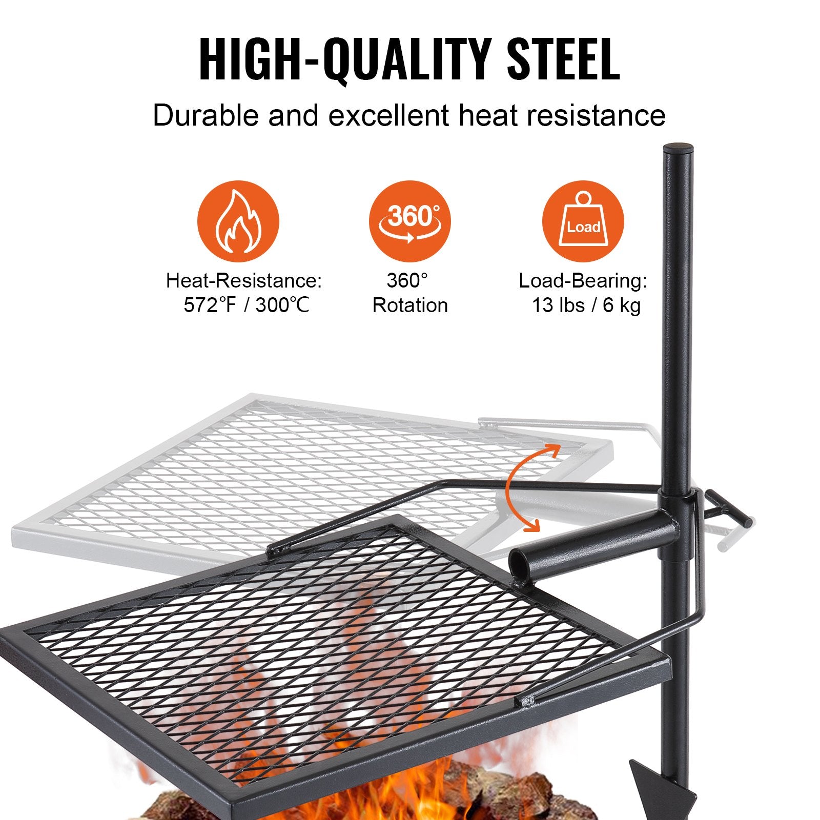Swivel Campfire Grill, Fire Pit Grill Grate Over Fire Pits, Heavy Duty Steel Grill Grates, 360Adjustable Open Fire Outdoor Cooking Equipment, Portable Camp Fire Racks For Camping Outdoor BBQ