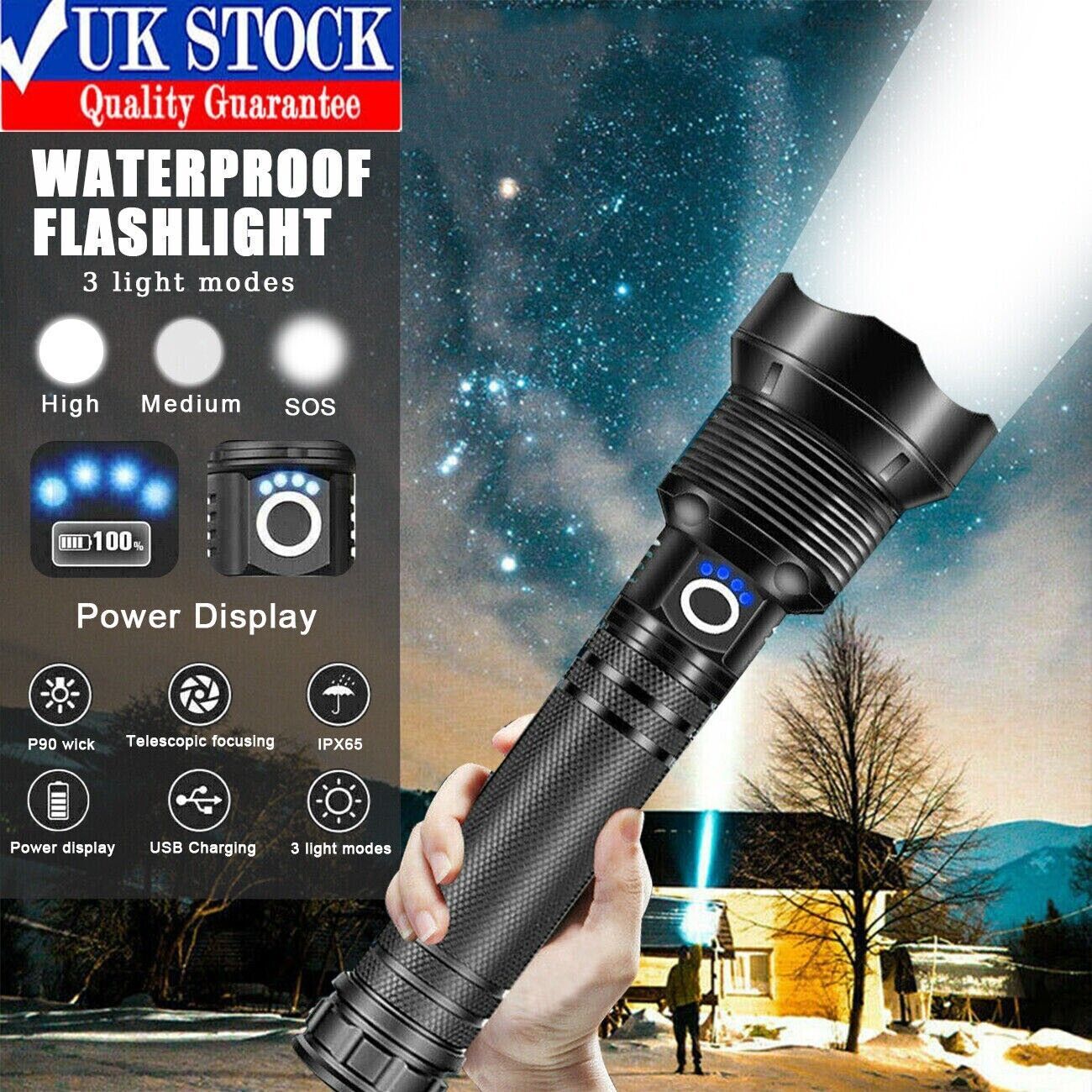 LED Flashlight Zoom USB Rechargeable Super Bright Torch Camping Lamp Work Light