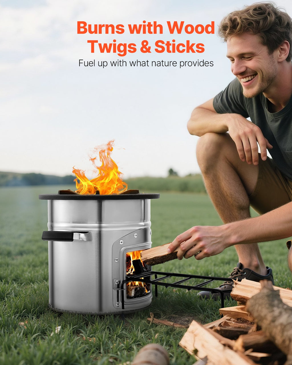 Camping Rocket Stove, Wood Burning Portable Rocket Stove With Carrying Bag For Backpacking, Stainless Steel, Single Door, Burn Wood, Twigs Or Sticks For Outdoor Cooking, Backyard, Camp Cooking